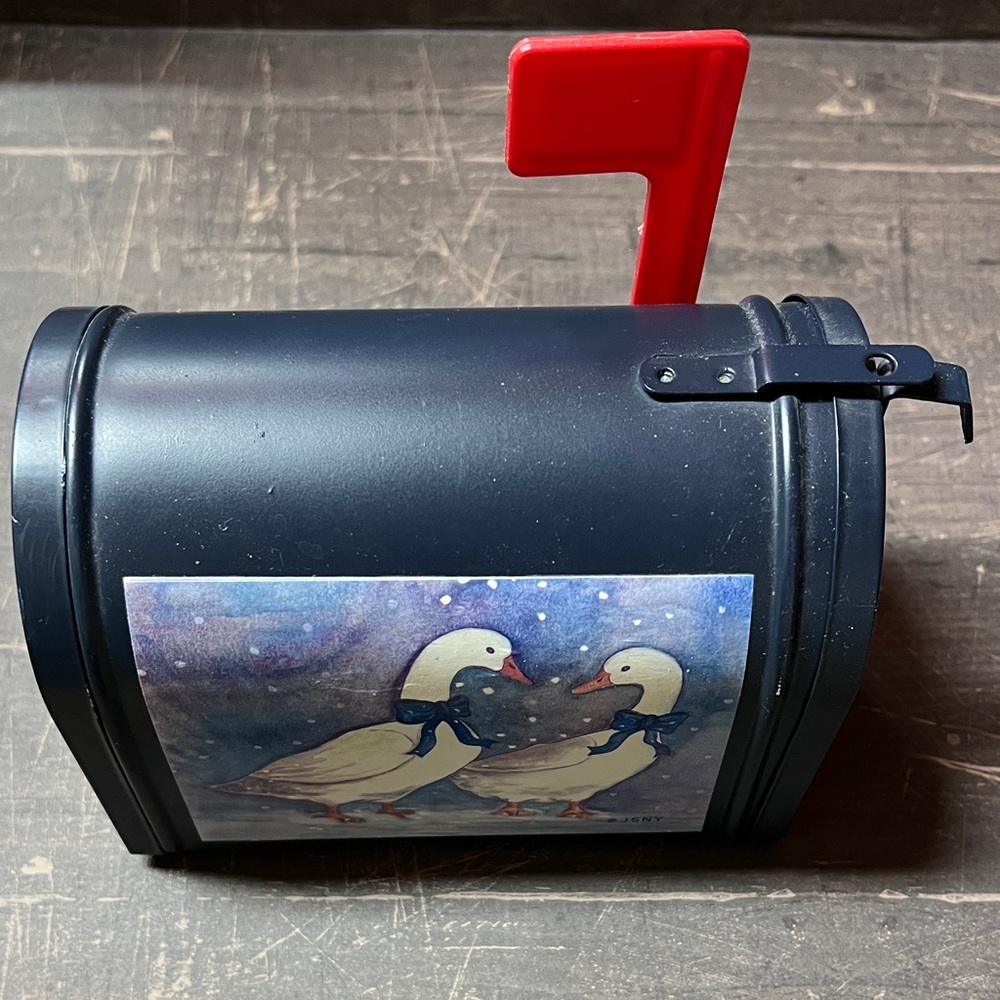 Decorative Tin Navy Mailbox with Red Flag and Duck Design